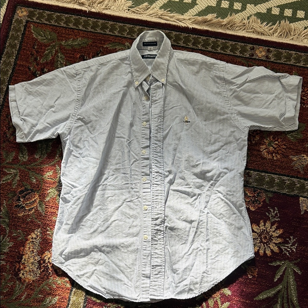 Vintage Giordano - Classic Striped Short-Sleeve Button-Down Shirt in Light Blue